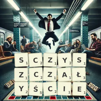 Kreatywna ilustracja do gry w Scrabble ze słowem SCZYSZCZAŁYŚCIE ułożonym z płytek na planszy.