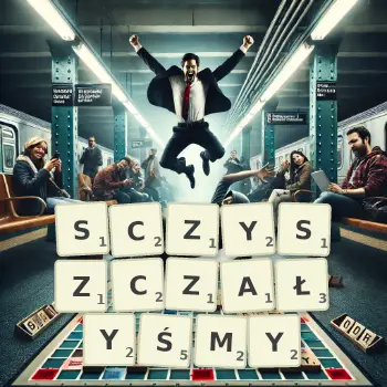 Kreatywna ilustracja do gry w Scrabble ze słowem SCZYSZCZAŁYŚMY ułożonym z płytek na planszy.