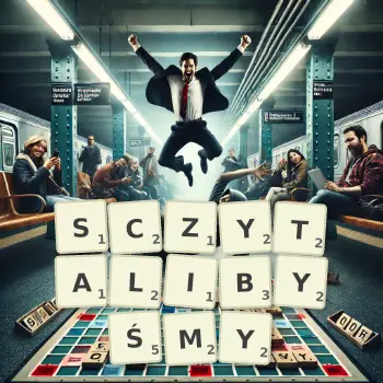 Kreatywna ilustracja do gry w Scrabble ze słowem SCZYTALIBYŚMY ułożonym z płytek na planszy.