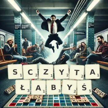Kreatywna ilustracja do gry w Scrabble ze słowem SCZYTAŁABYŚ ułożonym z płytek na planszy.