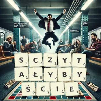 Kreatywna ilustracja do gry w Scrabble ze słowem SCZYTAŁYBYŚCIE ułożonym z płytek na planszy.