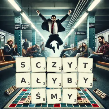 Kreatywna ilustracja do gry w Scrabble ze słowem SCZYTAŁYBYŚMY ułożonym z płytek na planszy.