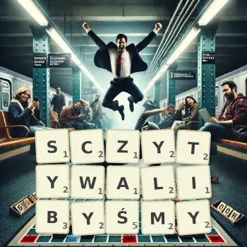 Kreatywna ilustracja do gry w Scrabble ze słowem SCZYTYWALIBYŚMY ułożonym z płytek na planszy.