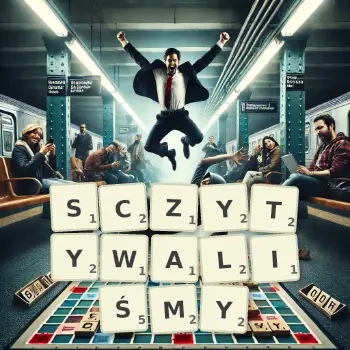 Kreatywna ilustracja do gry w Scrabble ze słowem SCZYTYWALIŚMY ułożonym z płytek na planszy.