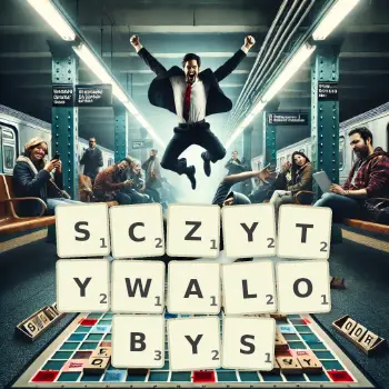 Kreatywna ilustracja do gry w Scrabble ze słowem SCZYTYWALOBYS ułożonym z płytek na planszy.