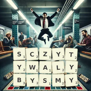 Kreatywna ilustracja do gry w Scrabble ze słowem SCZYTYWALYBYSMY ułożonym z płytek na planszy.