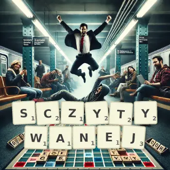Kreatywna ilustracja do gry w Scrabble ze słowem SCZYTYWANEJ ułożonym z płytek na planszy.