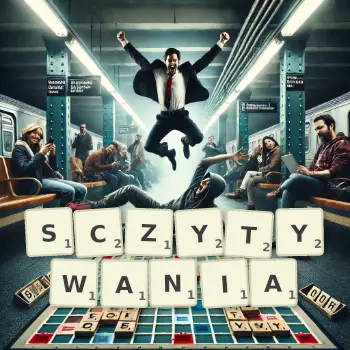 Kreatywna ilustracja do gry w Scrabble ze słowem SCZYTYWANIA ułożonym z płytek na planszy.