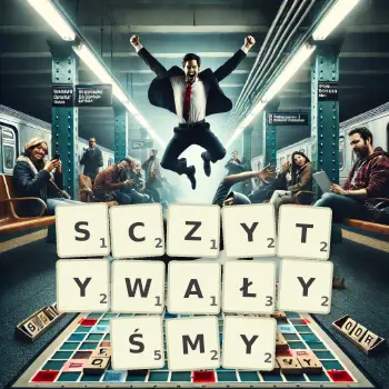 Kreatywna ilustracja do gry w Scrabble ze słowem SCZYTYWAŁYŚMY ułożonym z płytek na planszy.