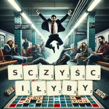 Kreatywna ilustracja do gry w Scrabble ze słowem SCZYŚCIŁYBY ułożonym z płytek na planszy.