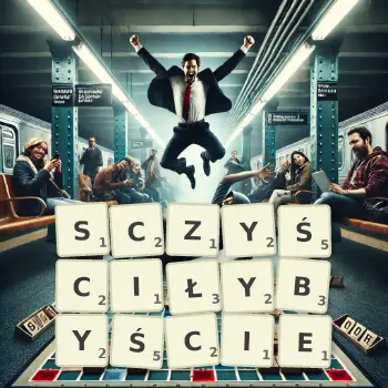 Kreatywna ilustracja do gry w Scrabble ze słowem SCZYŚCIŁYBYŚCIE ułożonym z płytek na planszy.