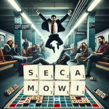 Kreatywna ilustracja do gry w Scrabble ze słowem SECAMOWI ułożonym z płytek na planszy.