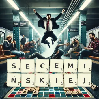 Kreatywna ilustracja do gry w Scrabble ze słowem SECEMIŃSKIEJ ułożonym z płytek na planszy.