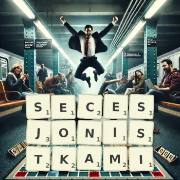 Kreatywna ilustracja do gry w Scrabble ze słowem SECESJONISTKAMI ułożonym z płytek na planszy.