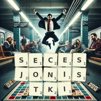 Kreatywna ilustracja do gry w Scrabble ze słowem SECESJONISTKI ułożonym z płytek na planszy.