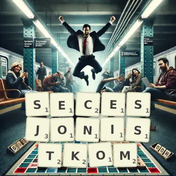 Kreatywna ilustracja do gry w Scrabble ze słowem SECESJONISTKOM ułożonym z płytek na planszy.