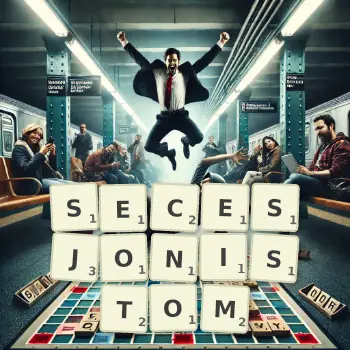 Kreatywna ilustracja do gry w Scrabble ze słowem SECESJONISTOM ułożonym z płytek na planszy.