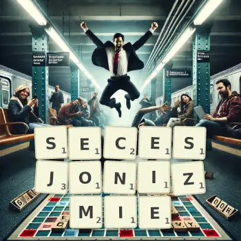 Kreatywna ilustracja do gry w Scrabble ze słowem SECESJONIZMIE ułożonym z płytek na planszy.