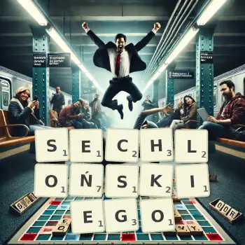 Kreatywna ilustracja do gry w Scrabble ze słowem SECHLOŃSKIEGO ułożonym z płytek na planszy.