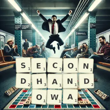 Kreatywna ilustracja do gry w Scrabble ze słowem SECONDHANDOWA ułożonym z płytek na planszy.