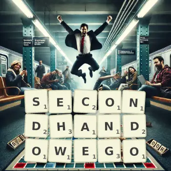 Kreatywna ilustracja do gry w Scrabble ze słowem SECONDHANDOWEGO ułożonym z płytek na planszy.