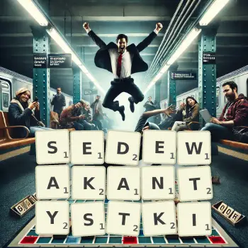 Kreatywna ilustracja do gry w Scrabble ze słowem SEDEWAKANTYSTKI ułożonym z płytek na planszy.