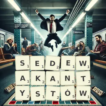 Kreatywna ilustracja do gry w Scrabble ze słowem SEDEWAKANTYSTÓW ułożonym z płytek na planszy.