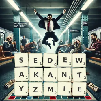 Kreatywna ilustracja do gry w Scrabble ze słowem SEDEWAKANTYZMIE ułożonym z płytek na planszy.