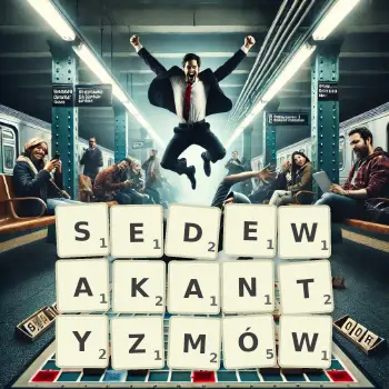 Kreatywna ilustracja do gry w Scrabble ze słowem SEDEWAKANTYZMÓW ułożonym z płytek na planszy.