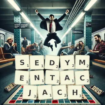 Kreatywna ilustracja do gry w Scrabble ze słowem SEDYMENTACJACH ułożonym z płytek na planszy.