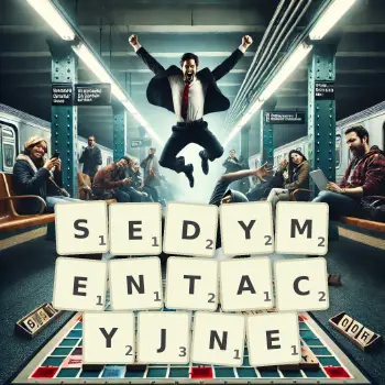 Kreatywna ilustracja do gry w Scrabble ze słowem SEDYMENTACYJNE ułożonym z płytek na planszy.