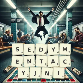 Kreatywna ilustracja do gry w Scrabble ze słowem SEDYMENTACYJNI ułożonym z płytek na planszy.