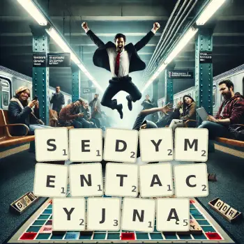 Kreatywna ilustracja do gry w Scrabble ze słowem SEDYMENTACYJNĄ ułożonym z płytek na planszy.