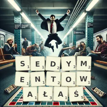 Kreatywna ilustracja do gry w Scrabble ze słowem SEDYMENTOWAŁAŚ ułożonym z płytek na planszy.