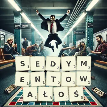 Kreatywna ilustracja do gry w Scrabble ze słowem SEDYMENTOWAŁOŚ ułożonym z płytek na planszy.