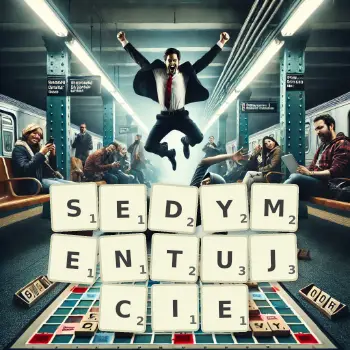 Kreatywna ilustracja do gry w Scrabble ze słowem SEDYMENTUJCIE ułożonym z płytek na planszy.