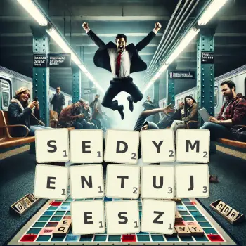 Kreatywna ilustracja do gry w Scrabble ze słowem SEDYMENTUJESZ ułożonym z płytek na planszy.