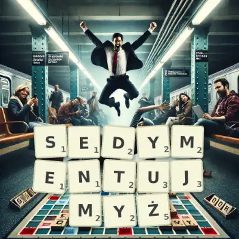 Kreatywna ilustracja do gry w Scrabble ze słowem SEDYMENTUJMYŻ ułożonym z płytek na planszy.