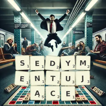 Kreatywna ilustracja do gry w Scrabble ze słowem SEDYMENTUJĄCE ułożonym z płytek na planszy.