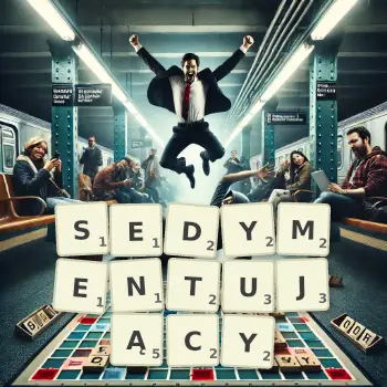 Kreatywna ilustracja do gry w Scrabble ze słowem SEDYMENTUJĄCY ułożonym z płytek na planszy.