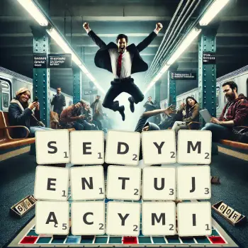 Kreatywna ilustracja do gry w Scrabble ze słowem SEDYMENTUJĄCYMI ułożonym z płytek na planszy.