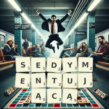 Kreatywna ilustracja do gry w Scrabble ze słowem SEDYMENTUJĄCĄ ułożonym z płytek na planszy.