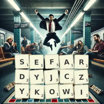 Kreatywna ilustracja do gry w Scrabble ze słowem SEFARDYJCZYKOWI ułożonym z płytek na planszy.