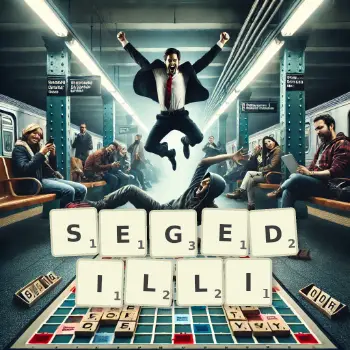 Kreatywna ilustracja do gry w Scrabble ze słowem SEGEDILLI ułożonym z płytek na planszy.