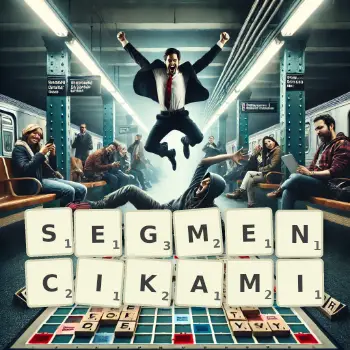 Kreatywna ilustracja do gry w Scrabble ze słowem SEGMENCIKAMI ułożonym z płytek na planszy.