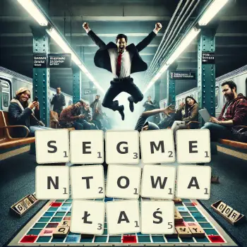 Kreatywna ilustracja do gry w Scrabble ze słowem SEGMENTOWAŁAŚ ułożonym z płytek na planszy.