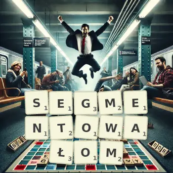 Kreatywna ilustracja do gry w Scrabble ze słowem SEGMENTOWAŁOM ułożonym z płytek na planszy.