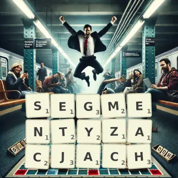 Kreatywna ilustracja do gry w Scrabble ze słowem SEGMENTYZACJACH ułożonym z płytek na planszy.