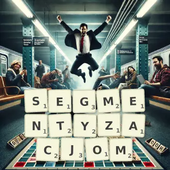 Kreatywna ilustracja do gry w Scrabble ze słowem SEGMENTYZACJOM ułożonym z płytek na planszy.