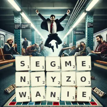 Kreatywna ilustracja do gry w Scrabble ze słowem SEGMENTYZOWANIE ułożonym z płytek na planszy.